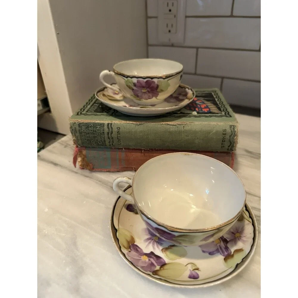 Vtg Nippon Porcelain 2 Tea Cups & Saucer Set Purple Violet Floral with Gold Trim
